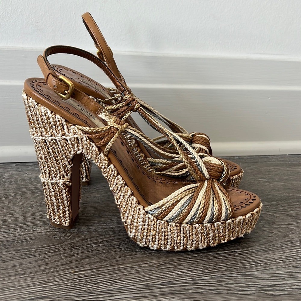 Prada Brown, Tan and Cream Braided Platform Sandals - Picture 2 of 14